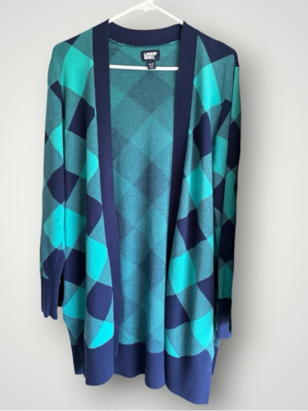 Lands’ End Teal Navy Argyle Plaid Longline Open Front Cotton Knit Cardigan MP